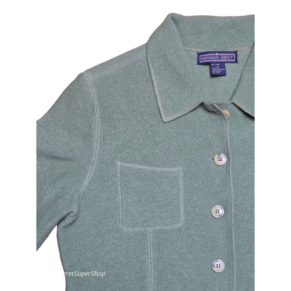 Herman Geist Womens 100% Wool Sweater Large Green Button Front Collared Classic - Picture 3 of 5